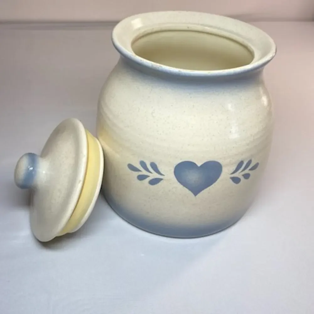 Vintage Blue Heart Stoneware Canister • 8.5” Tall • Folk Art Kitchen Jar